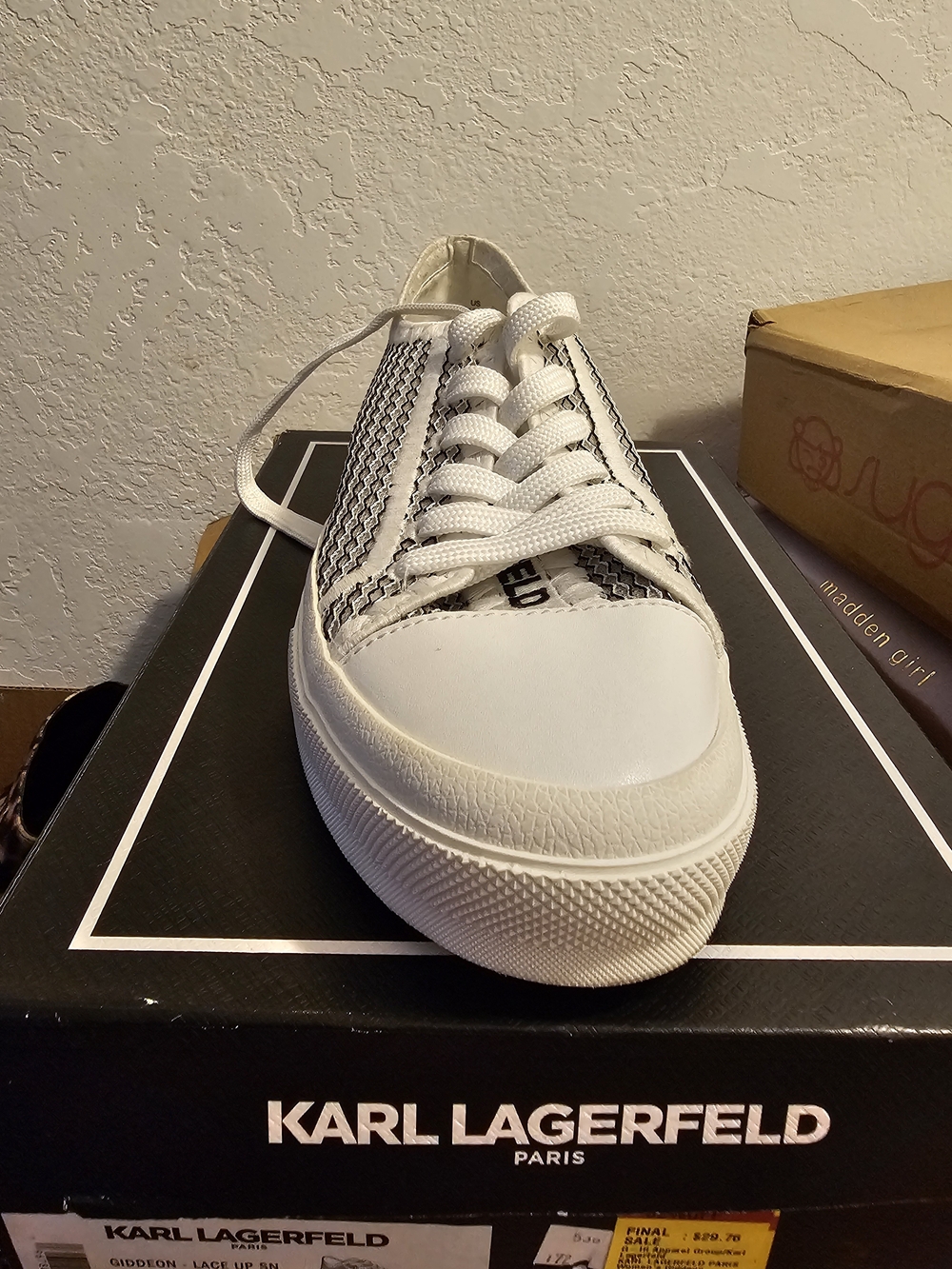 Karl Lagerfeld Kids White and Black Low-Top Lace-Up Sneakers